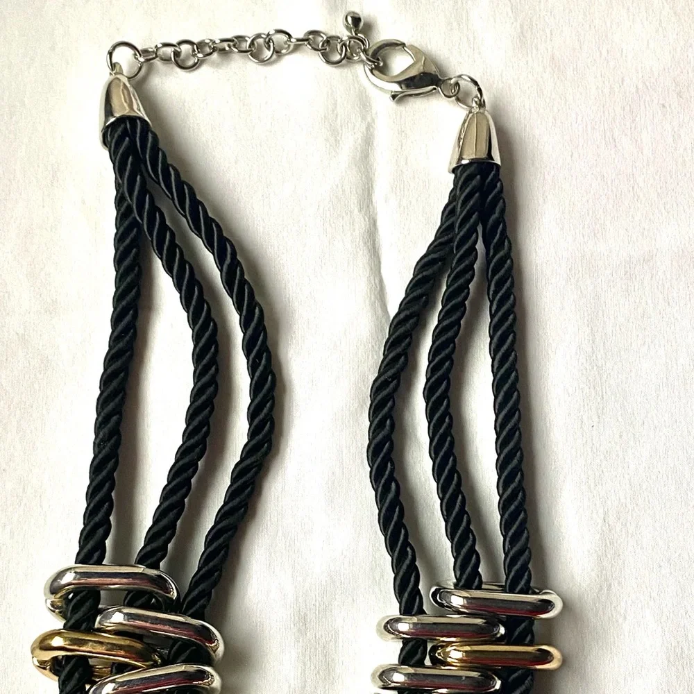 Statement Chunky Multi-Rope Strand Choker Necklace Silver and Gold Metal Rings